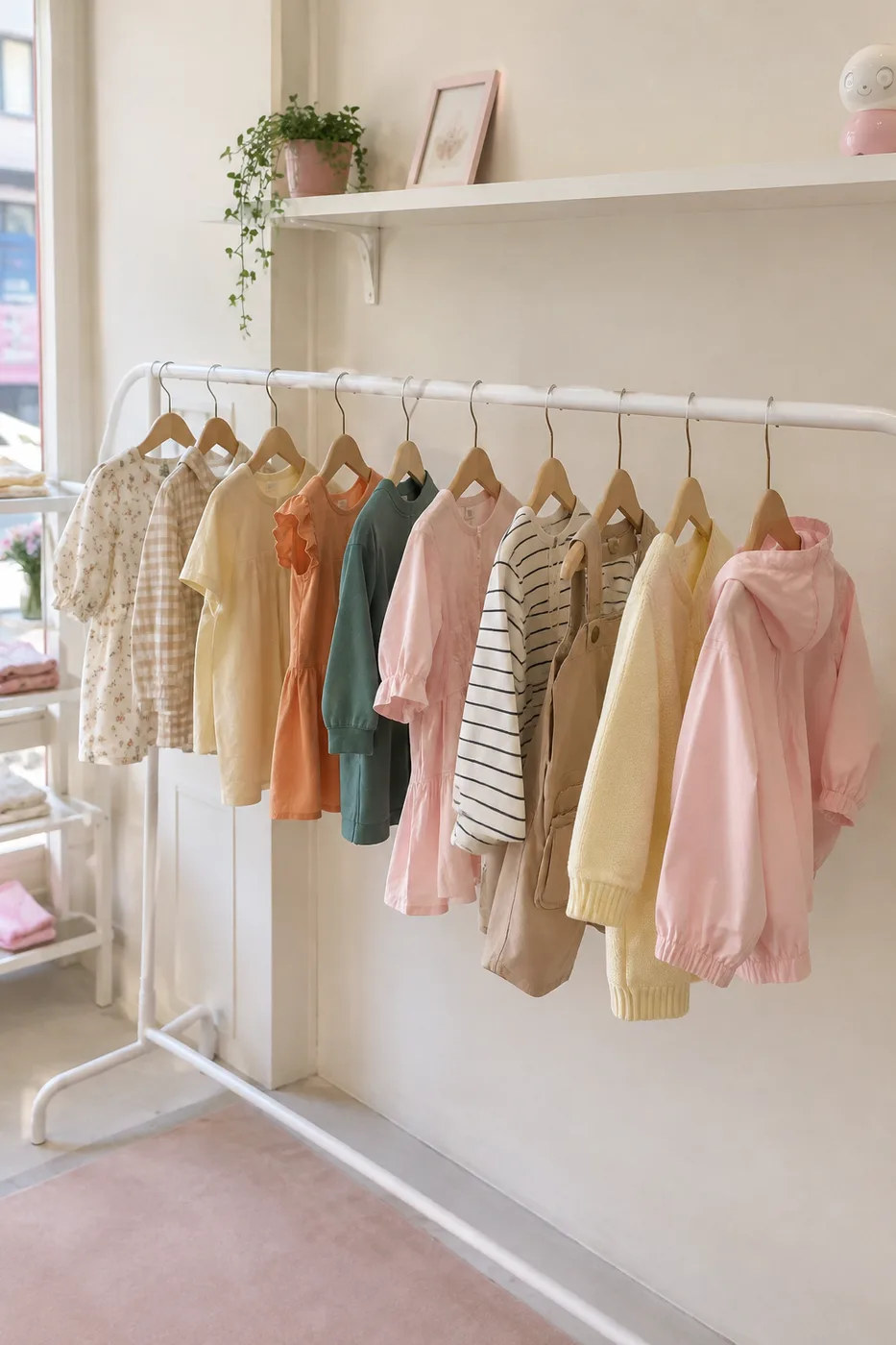 디자인이 다 다른 아이 옷이 한 벌씩 걸린 행거